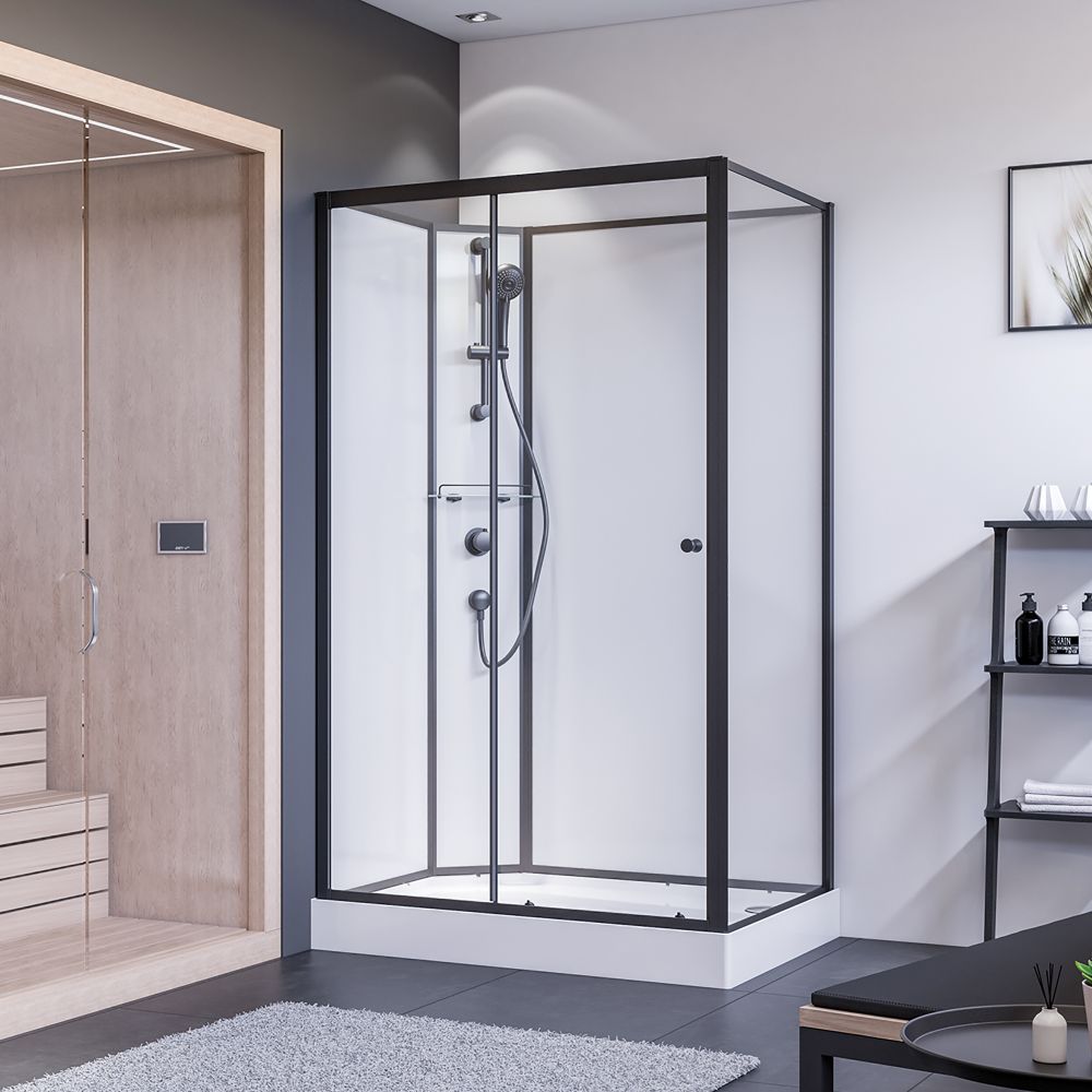 Breuer Eckdusche Komplettdusche 120 x 90 cm – Schiebetür links Anschlag, Seitenwand rechts, Schwarz Matt