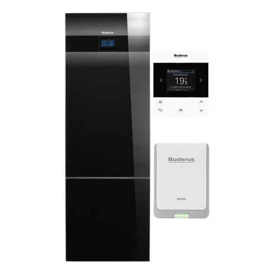Buderus Logaplus Wärmepumpe WSW196i KM R410A T1 12kW B0/W35, interner Speicher 180l Glas, Schwarz