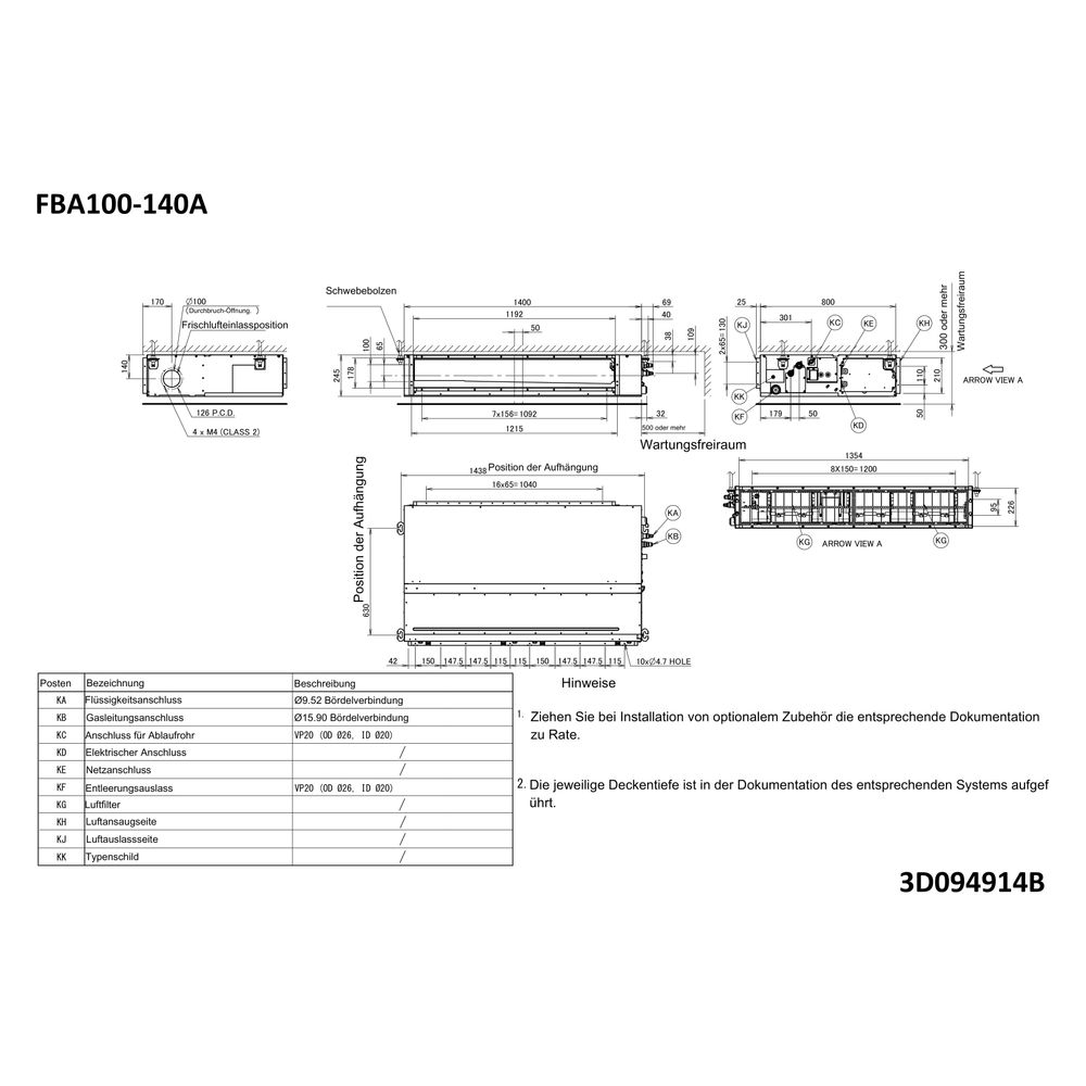 Daikin Kanalgerät Sky Air FBA-A Typ 100, Kühlen 9,5kW Heizen 10,8kW, 230V R32, 245x1400... DAIKIN-FBA100A 4548848554461 (Abb. 2)