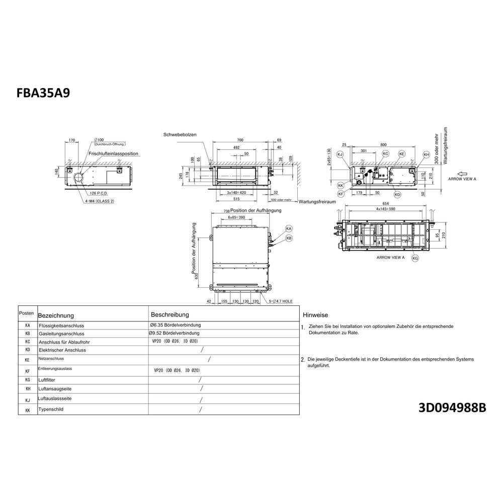 Daikin Kanalgerät Sky Air FBA-A9 Typ 35, Kühlen 3,5kW Heizen 4kW, 230V R32, 245x700x800... DAIKIN-FBA35A9 4548848722921 (Abb. 2)