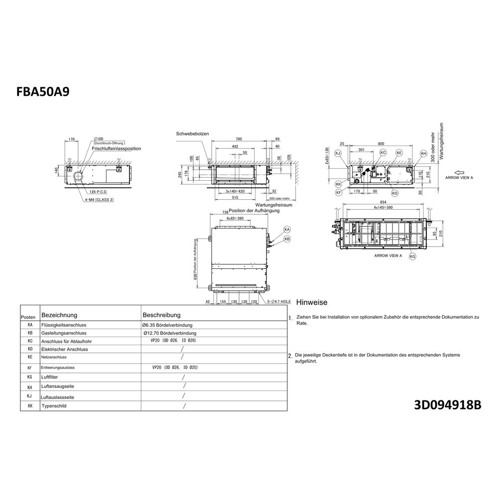 Daikin Kanalgerät Sky Air FBA-A9 Typ 50, Kühlen 5kW Heizen 6kW, 230V R32, 245x700x800mm... DAIKIN-FBA50A9 4548848722891 (Abb. 2)