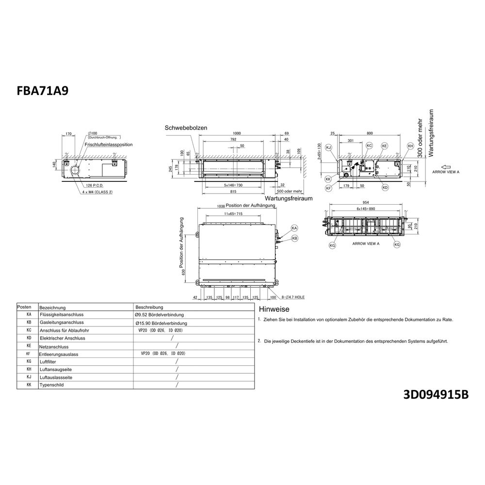 Daikin Kanalgerät FBA-A9 Typ 71, Kühlen 6,8kW Heizen 7,5kW, 230V R32, 245x1000x800mm... DAIKIN-FBA71A9 4548848722914 (Abb. 2)