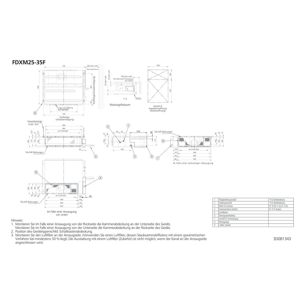 Daikin Kanalgerät FDXM-F9 Typ 35, Kühlen 3,5kW Heizen 4kW, 230V R32, 200x750x620mm... DAIKIN-FDXM35F9 4548848722815 (Abb. 2)