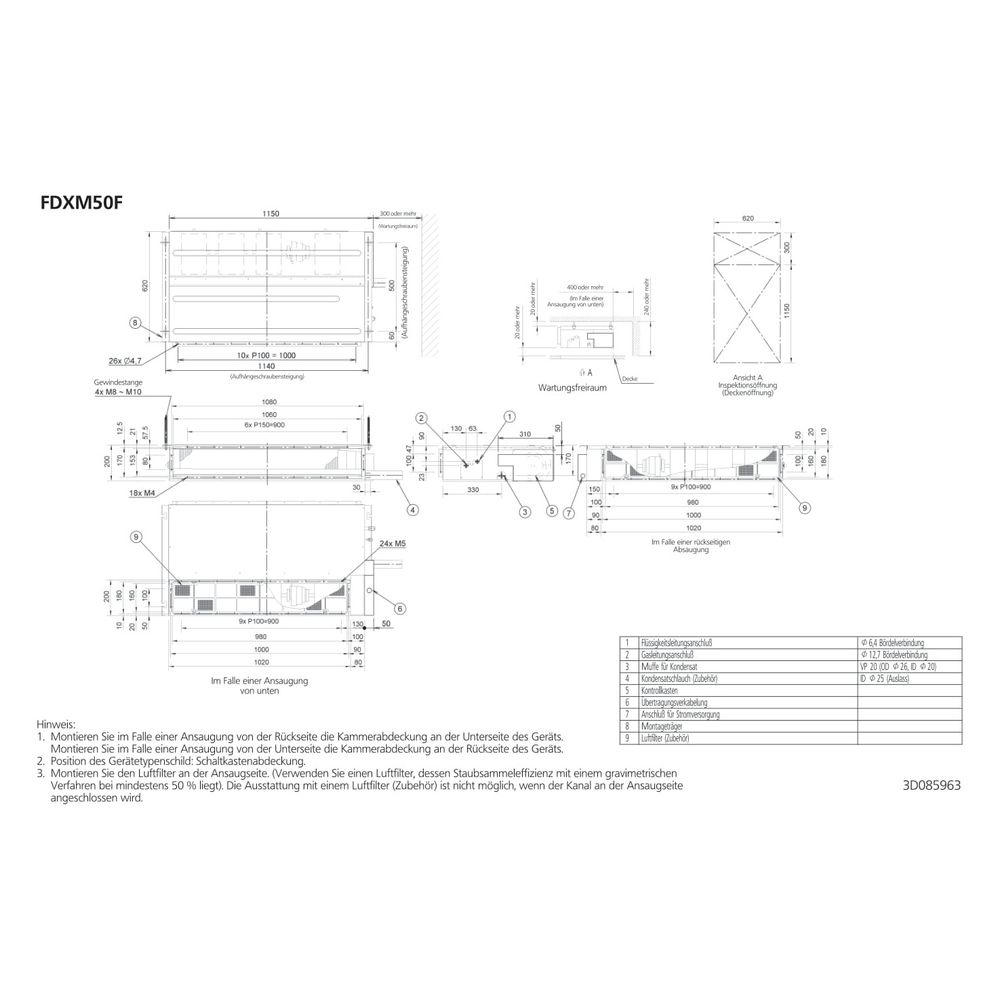 Daikin Kanalgerät FDXM-F9 Typ 50, Kühlen 5kW Heizen 5kW, 230V R32, 200x1150x620mm... DAIKIN-FDXM50F9 4548848722822 (Abb. 2)