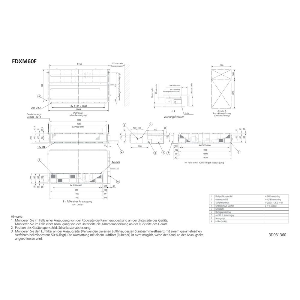Daikin Kanalgerät FDXM-F9 Typ 60, Kühlen 6kW Heizen 7kW, 230V R32, 200x1150x620mm... DAIKIN-FDXM60F9 4548848722839 (Abb. 2)