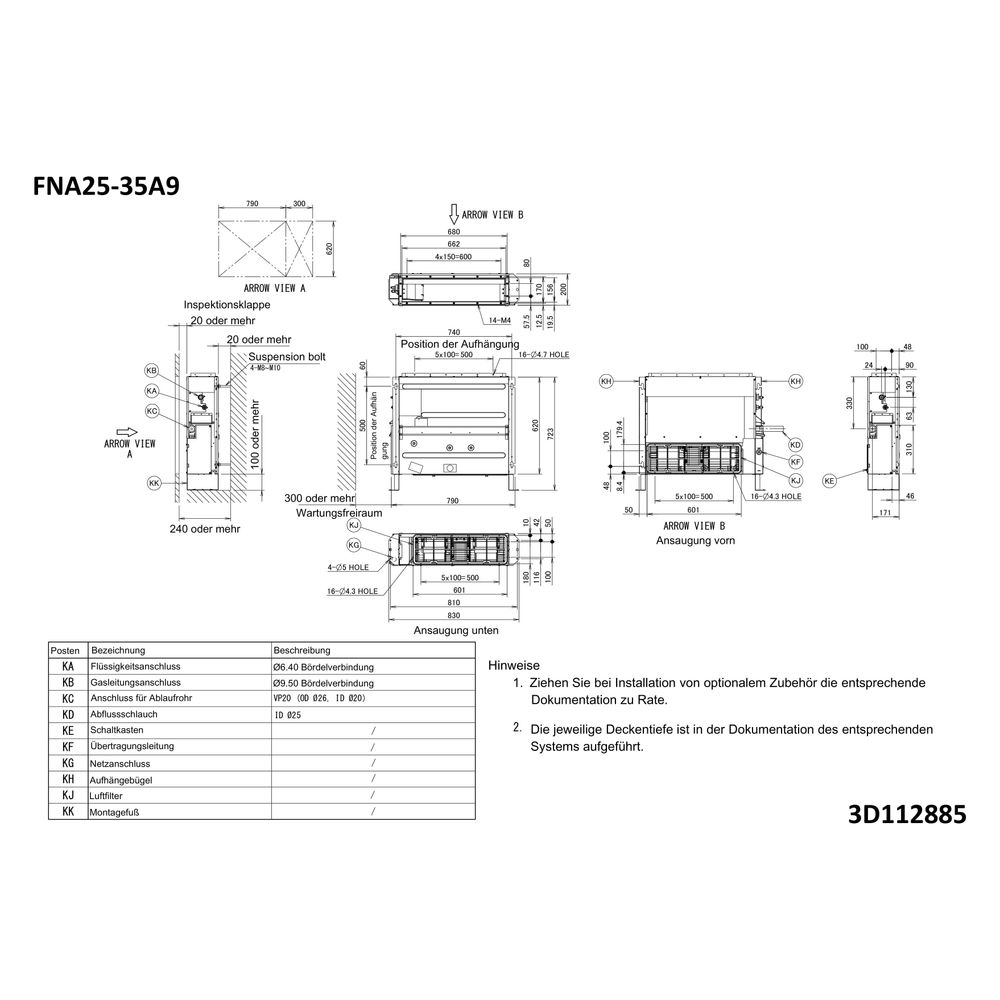 Daikin Truhengerät FNA-A9 Typ 35, Kühlen 3,5kW Heizen 4kW, 620x790x200mm, R32, ohne Ver... DAIKIN-FNA35A9 4548848722952 (Abb. 2)
