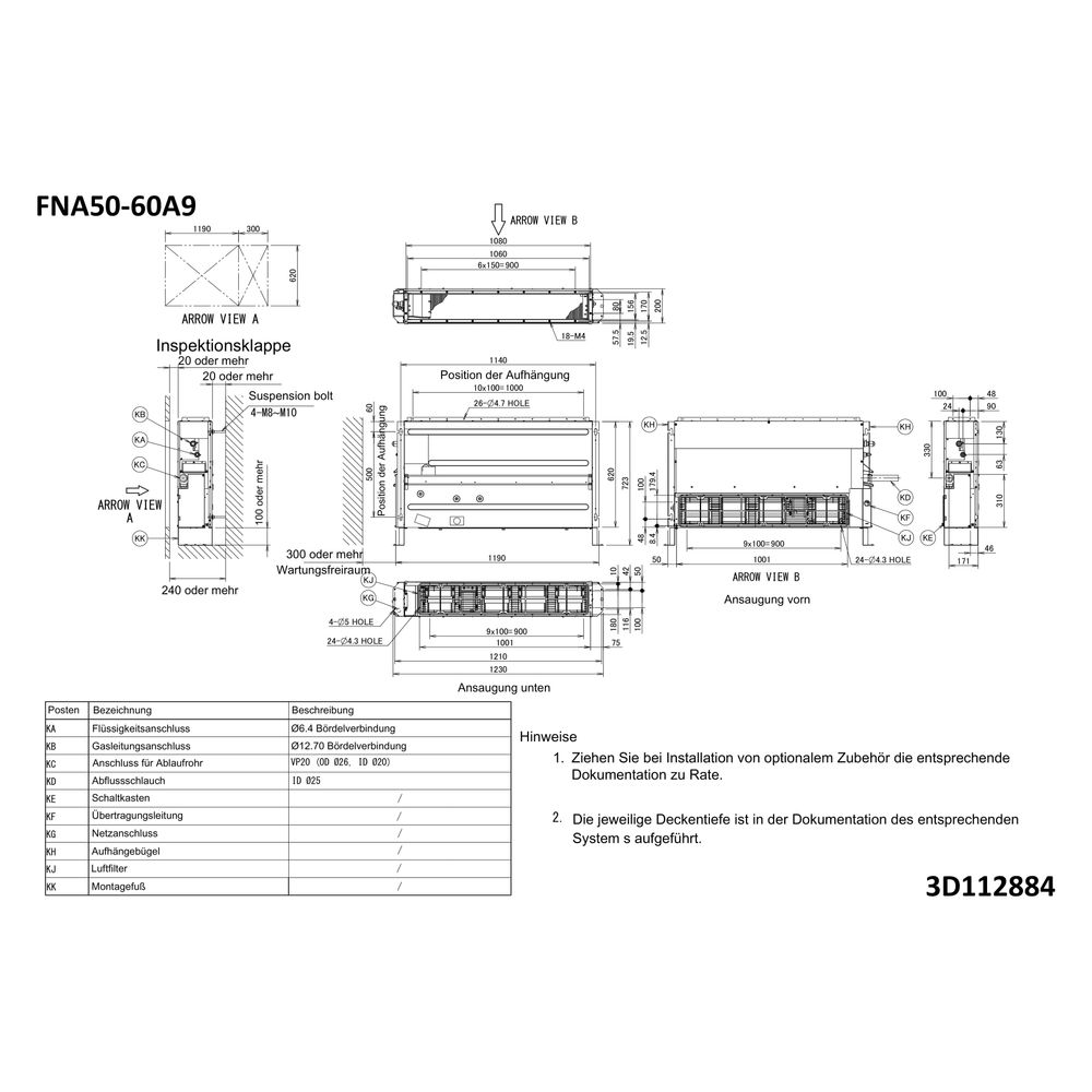 Daikin Truhengerät Sky Air FNA-A9 Typ 50, Kühlen 5kW Heizen 5kW, 620x1190x200mm, R32, W... DAIKIN-FNA50A9 4548848722969 (Abb. 2)