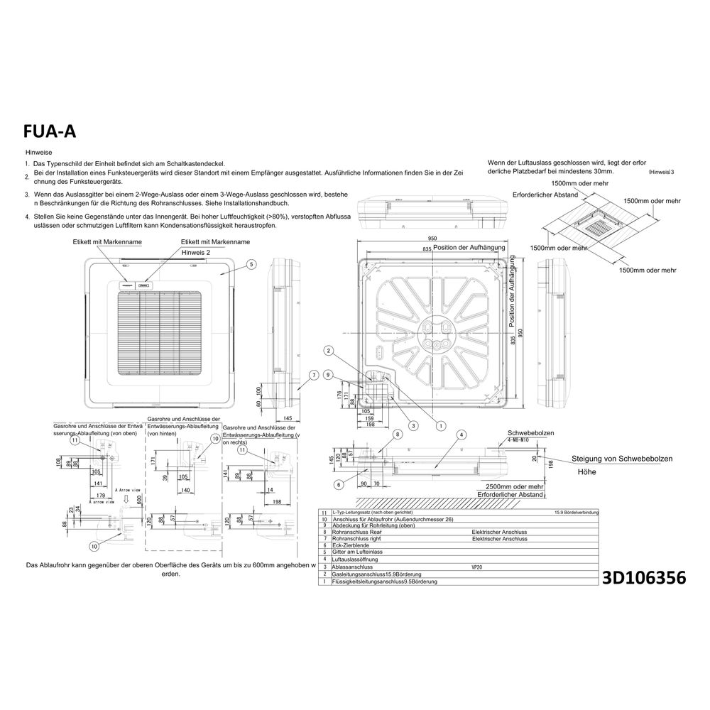Daikin Unterdeckengerät 4-seitig FUA-A Typ 100, Kühlen 9,5kW Heizen 10,8kW, 198x950x950... DAIKIN-FUA100A 4548848602834 (Abb. 2)