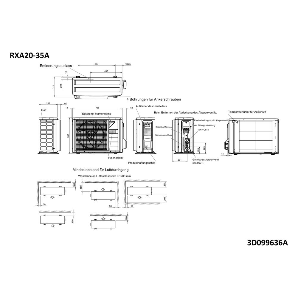 Daikin Split-Klimaanlage Außengerät RXA-A8 Typ 20, Inverter, 550x765x285mm, 230V R32, R... DAIKIN-RXA20A8 4573535327042 (Abb. 2)