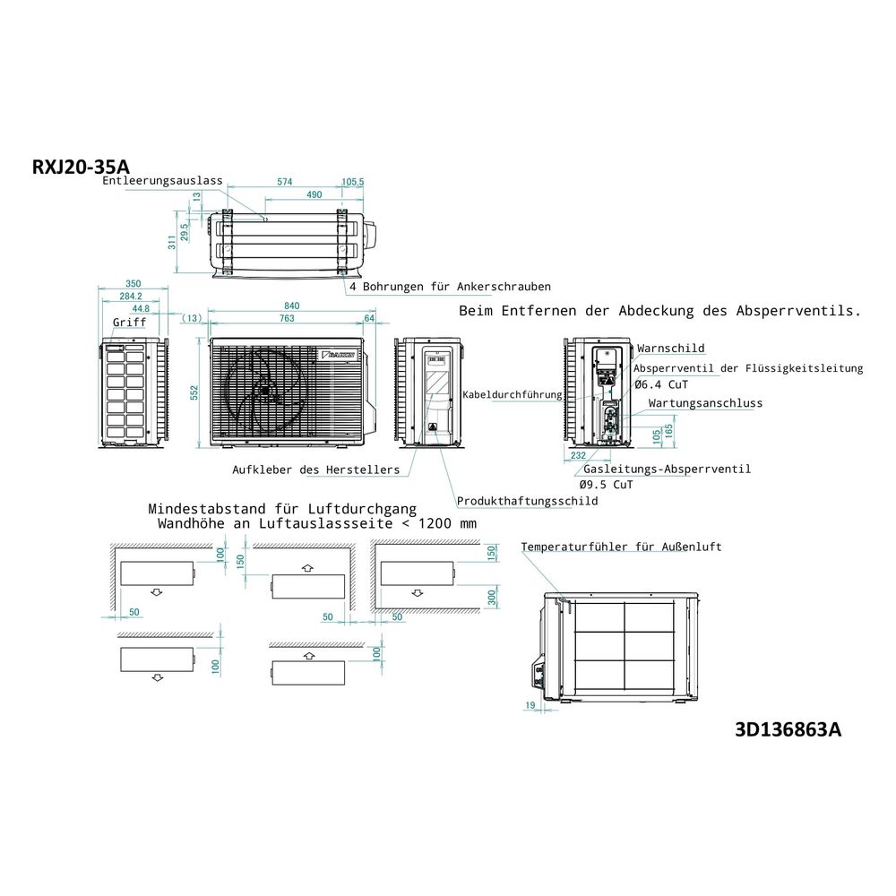 Daikin Split-Klimaanlage Außengerät RXJ-A9 Typ 25, Inverter, 553x840x350mm, 230V R32, R... DAIKIN-RXJ25A9 4573535434016 (Abb. 2)