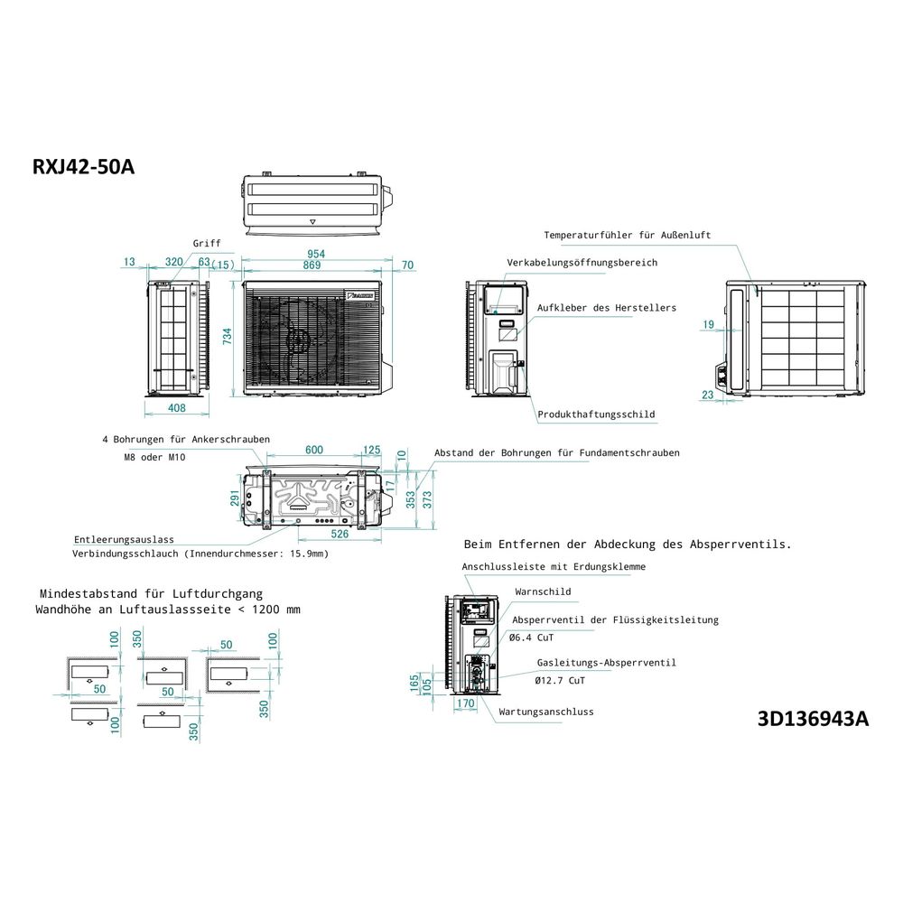 Daikin Split-Klimaanlage Außengerät RXJ-A9 Typ 50, Inverter, 734x954x408mm, 230V R32, R... DAIKIN-RXJ50A9 4573535308270 (Abb. 2)