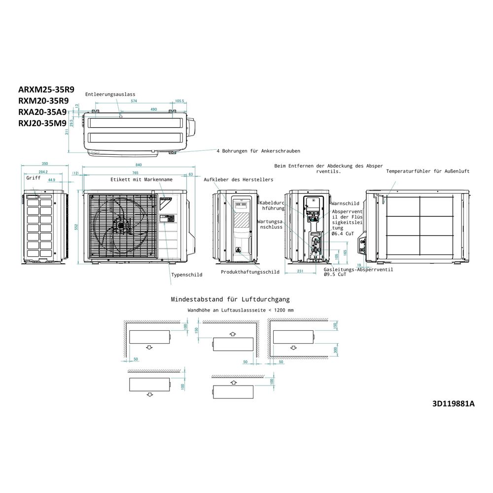Daikin Split-Klimaanlage Außengerät RXM-A Typ 20, Inverter, 550x765x285mm, 230V R32, RXM... DAIKIN-RXM20A 4548848794058 (Abb. 2)