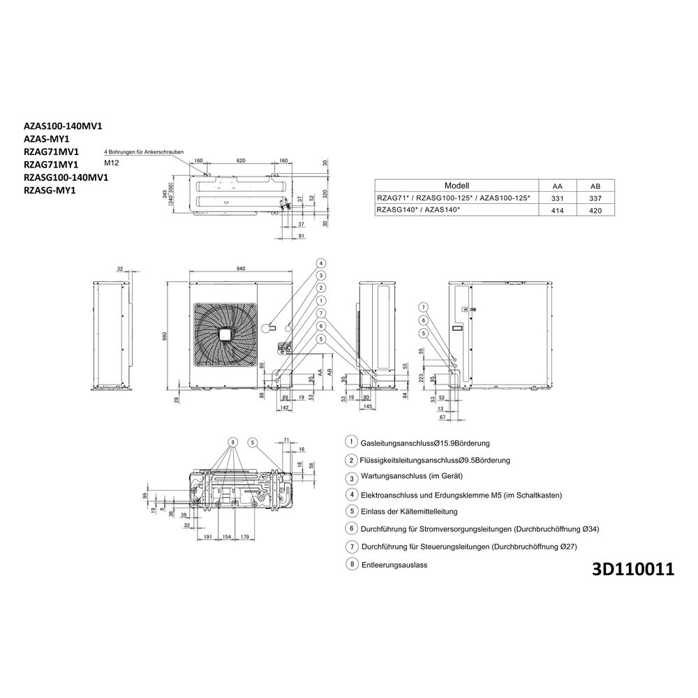 Daikin Klimaanlage Außengerät Sky Air Advance RZASG-MV1 Typ 100, 230V R32... DAIKIN-RZASG100MV1 4548848603275 (Abb. 2)