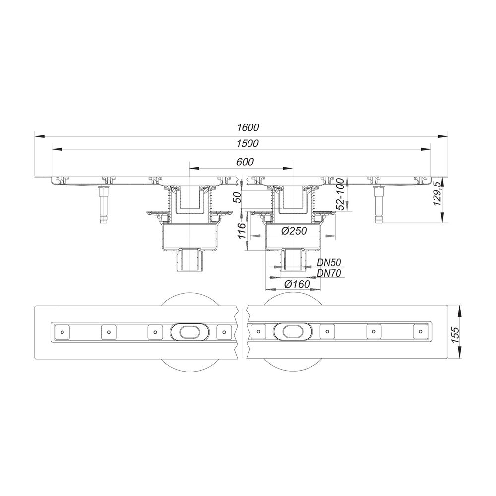 Dallmer CeraLine senkrecht F Duo Duschrinne 1500mm DN 50/70... DALLMER-521705 4001636521705 (Abb. 2)