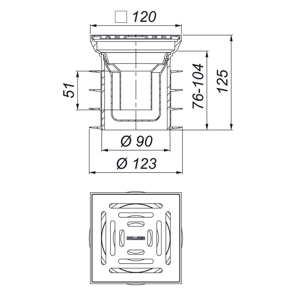 Dallmer Pronto K Bodenablauf 120x120mm, DN 125, PP/Edelstahl, 700384... DALLMER-700384 4001636700384 (Abb. 3)