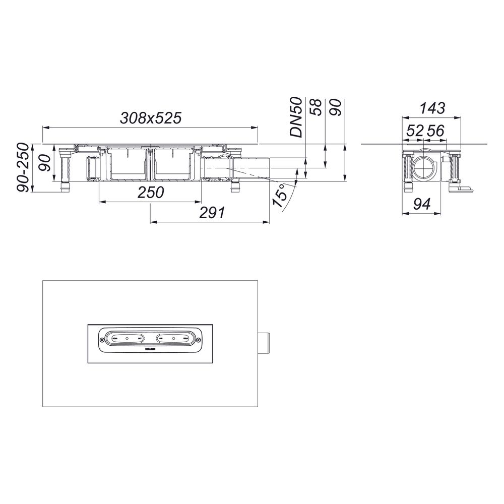 Dallmer DallFlex seitlich Ablaufgehäuse DN 50, höhenverstellbar 90-250mm... DALLMER-539007 4001636539007 (Abb. 3)
