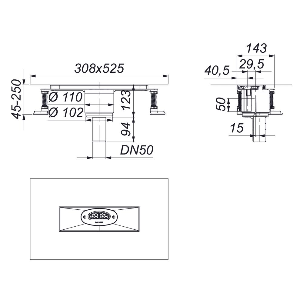 Dallmer DallFlex senkrecht Ablaufgehäuse DN 50, höhenverstellbar 45-250mm... DALLMER-539076 4001636539076 (Abb. 3)