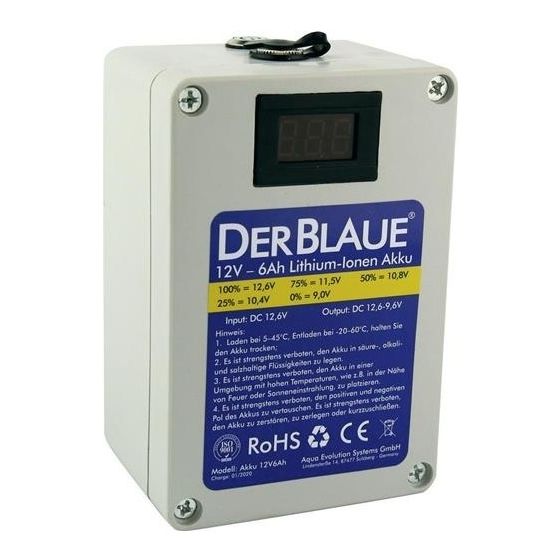 Der Blaue 12V Lithium-Ionen Akku 6Ah – 3,5 Std. Laufzeit, bis zu 1500 l Fördermenge, stoßfest & spitzwassergeschützt