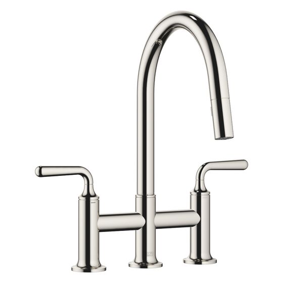 Dornbracht Dreiloch-Brückenbatterie Vaia Pull-down mit Brausefunktion Ausladung 240mm, Platin, 19870809-08