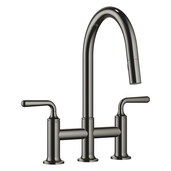Dornbracht Dreiloch-Brückenbatterie Vaia Pull-down mit Brausefunktion Ausladung 240mm, Dark Chrome, 19870809-19