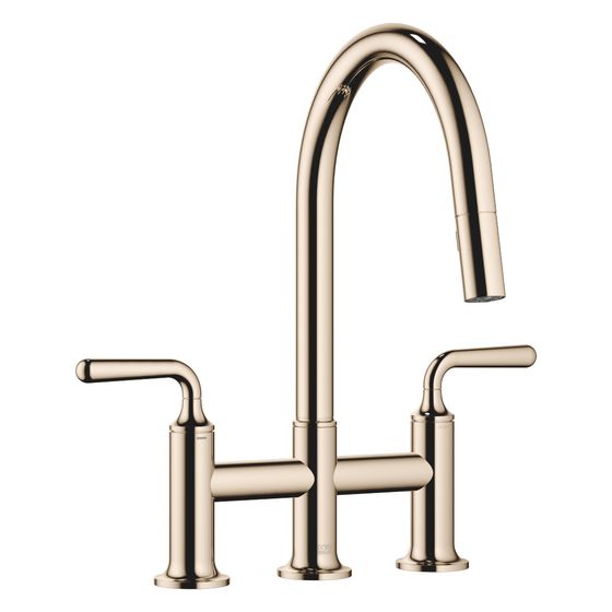 Dornbracht Dreiloch-Brückenbatterie Vaia Pull-down mit Brausefunktion Ausladung 240mm, Champagne 22kt Gold, 19870809-47