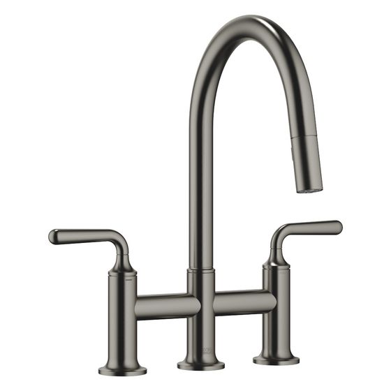 Dornbracht Dreiloch-Brückenbatterie Vaia Pull-down mit Brausefunktion Ausladung 240mm, Dark Platinum gebürstet, 19870809-99