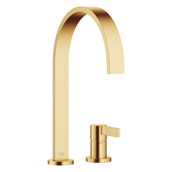 Dornbracht Zweilochbatterie Mem, mit Einzelrosetten, schwenkbar, Ausladung 241mm, max. 6,3l/min, Messing gebürstet 23kt Gold