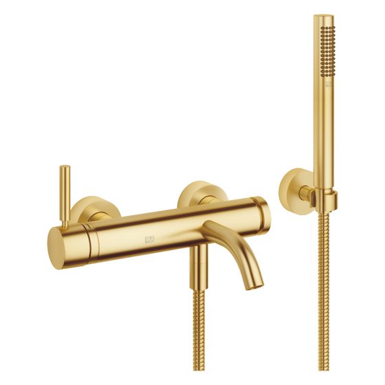 Dornbracht Wannen-Einhandbatterie Meta für Wandmontage mit Schlauchbrausegarnitur, Ausladung 202mm, 14l/min, Gold gebürstet