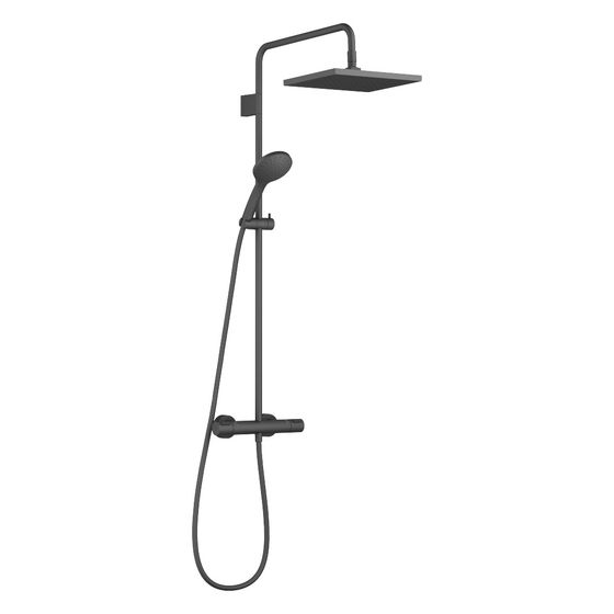 Dornbracht Showerpipe Symetrics mit Brause-Thermostat und Handbrausegarnitur Regenbrause 300x240mm 14l/min, Schwarz matt