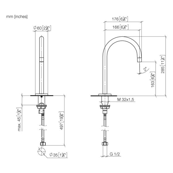 Dornbracht Waschtisch-Standauslauf Tara ohne Ablaufgarnitur Ausladung 166mm 7l/min , G 1/2
