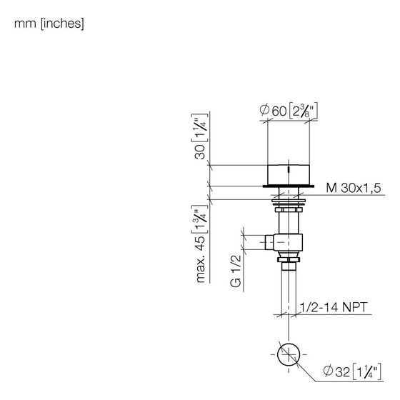 Dornbracht Seitenventil Deque rechtsschließend kalt ohne Rosette Bohrung 32mm Griff 60mm, Bronze gebürstet