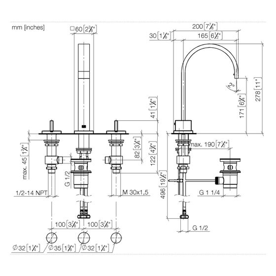 Dornbracht Waschtisch-Dreilochbatterie Mem, mit Ablaufgarnitur, Ausladung 165mm, max. 8,3l/min, Bronze gebürstet