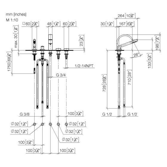 Dornbracht Wannen-Fünflochbatterie CYO für Wannenrandmontage 167mm, Bronze gebürstet