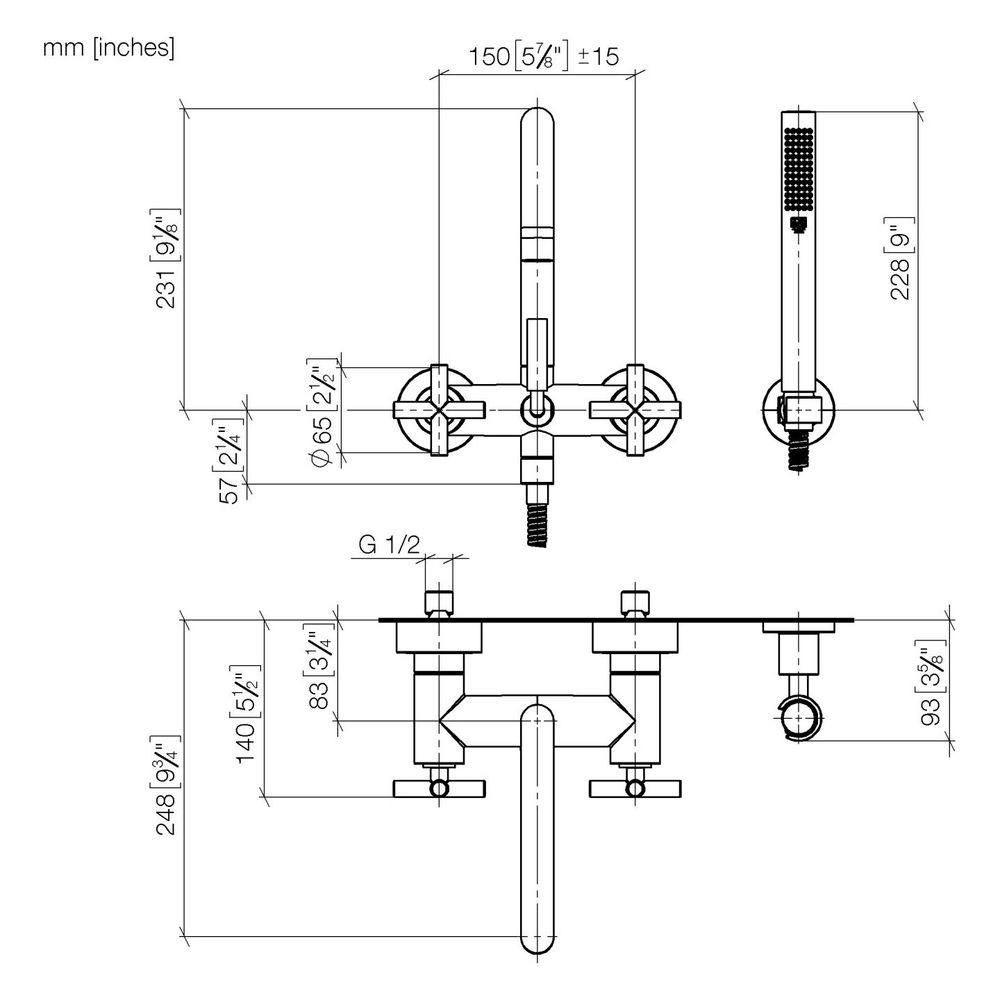 Dornbracht Wannenbatterie Tara für Wandmontage mit Schlauchbrausegarnitur, 240m... DORNBRACHT-25133892-43 4099477463605 (Abb. 3)