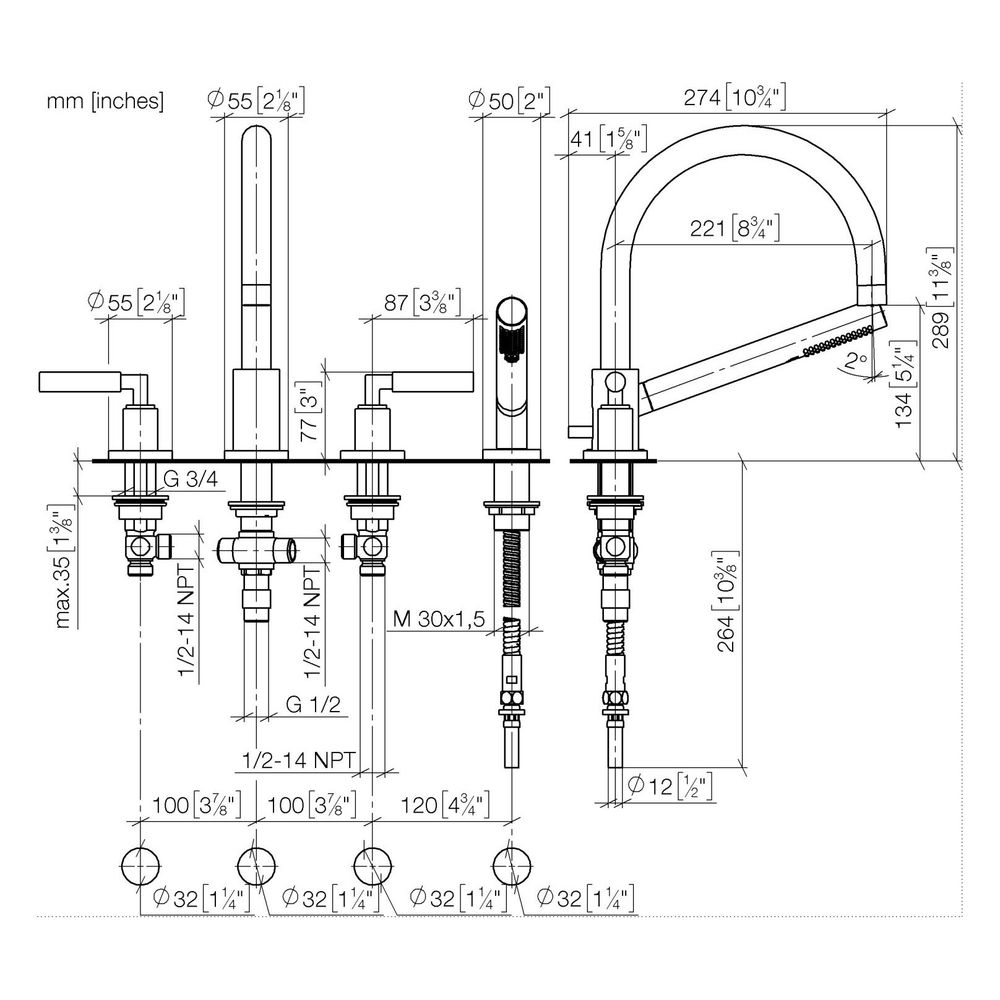 Dornbracht Wannen-Vierlochbatterie Tara für Wannenrandmontage, Ausladung 220mm,... DORNBRACHT-27512882-43 4099477463896 (Abb. 3)