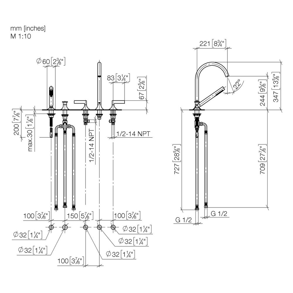 Dornbracht Wannen-Fünflochbatterie Vaia für Wannenr. mit Umstellung, 220mm, 21,... DORNBRACHT-27522819-47 4099477091372 (Abb. 3)