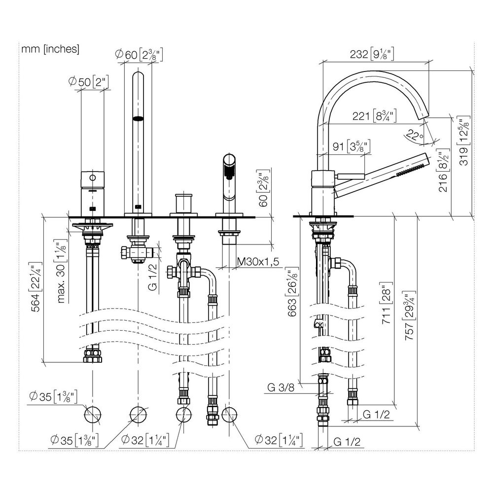 Dornbracht Wannen-Vierlochbatterie Meta für Wannenrandmontage, Ausladung 221mm,... DORNBRACHT-27632661-37 4099477433639 (Abb. 3)