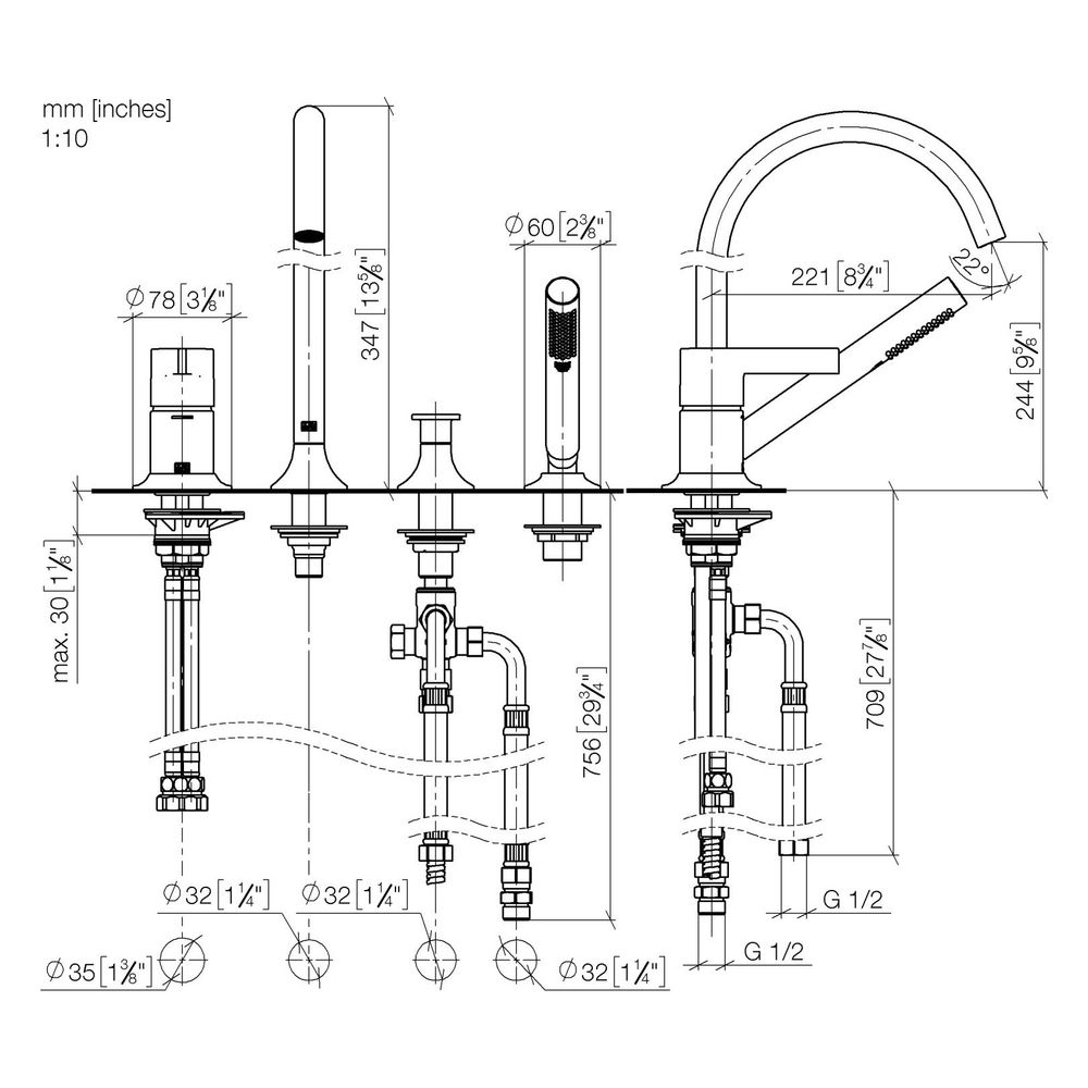 Dornbracht Wannen-Vierlochbatterie Vaia 220mm, Dark Bronze gebürstet PVD... DORNBRACHT-27632809-43 4099477463995 (Abb. 3)