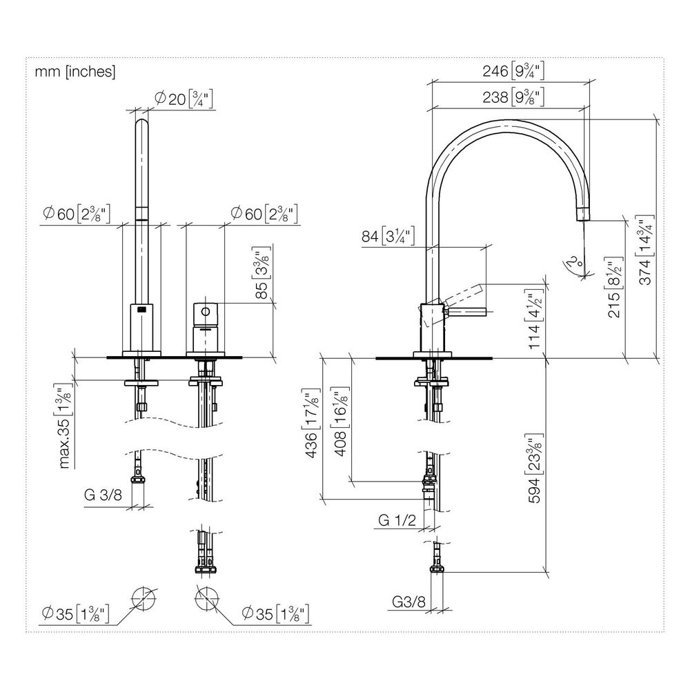 Dornbracht Zweilochbatterie Tara mit Einzelrosetten, schwenkbar, Ausladung 236m... DORNBRACHT-32816888-47 4099477241654 (Abb. 3)