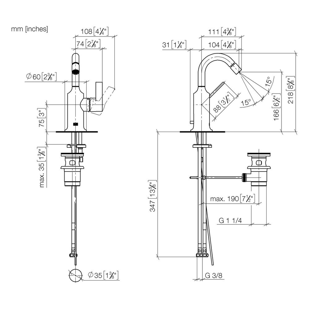 Dornbracht Bidet-Einhandbatterie Vaia, mit Ablaufgarnitur, Ausladung 104mm, max... DORNBRACHT-33600809-43 4099477466071 (Abb. 3)