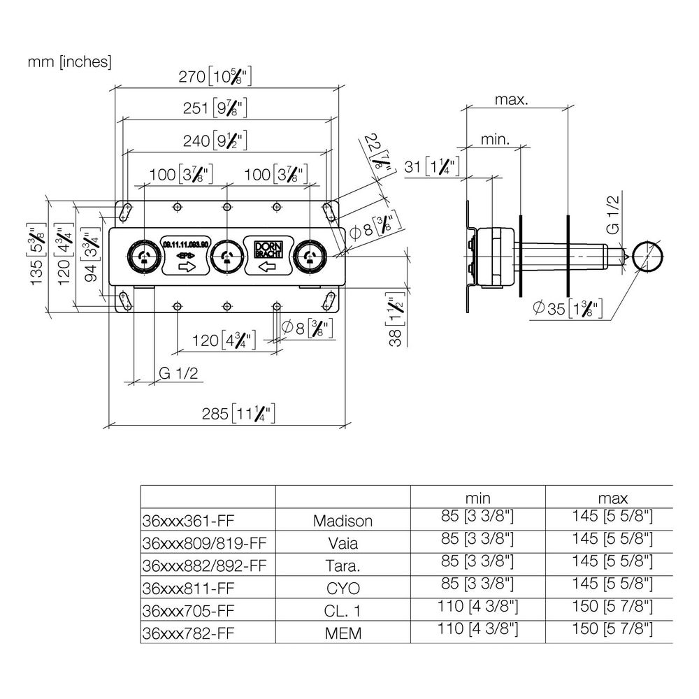 Dornbracht Unterputz-Wandbatterie Auslauf mittig 2x Anschluss IG 1/2" 1x Abgang ... DORNBRACHT-3570097090 4029011972690 (Abb. 3)