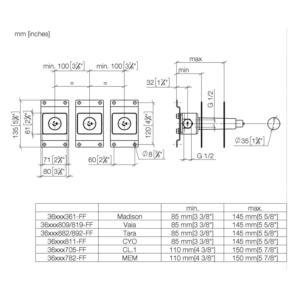 Dornbracht Unterputz-Wandbatterie variable Positionierung Messing bleifrei Ansch... DORNBRACHT-3572097090 4099477011721 (Abb. 3)
