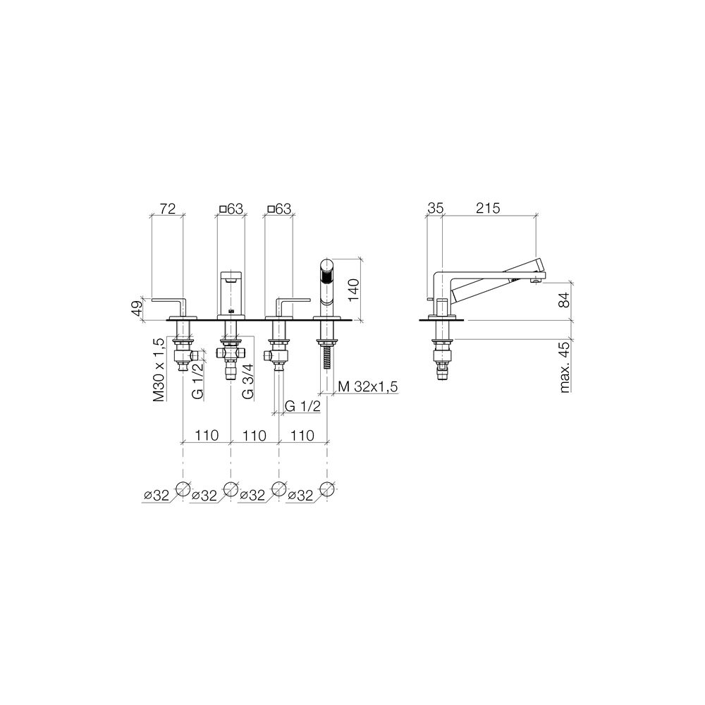 Dornbracht Wannen-Vierlochbatterie Lulu Ausladung 215mm Metallschlauch 1750mm, ... DORNBRACHT-27512710-06 4029011554599 (Abb. 4)
