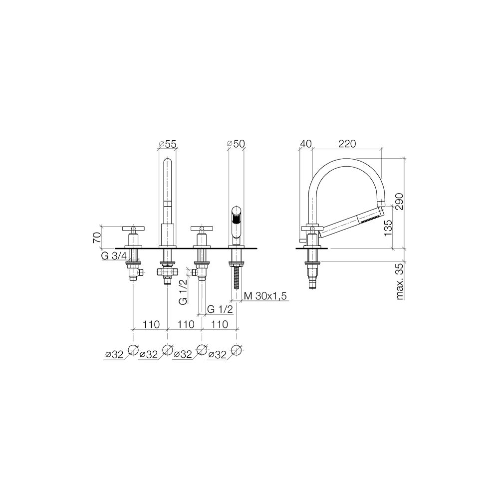 Dornbracht Wannen-Vierlochbatterie Tara für Wannenrandmontage, Ausladung 220mm,... DORNBRACHT-27512892-19 4029011996948 (Abb. 4)