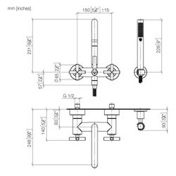 Dornbracht Wannenbatterie Tara für Wandmontage mit Schlauchbrausegarnitur, 240m... DORNBRACHT-25133892-39 4099477346830 (Abb. 1)