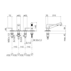 Dornbracht Wannen-Vierlochbatterie Lulu Ausladung 215mm Metallschlauch 1750mm, ... DORNBRACHT-27512710-06 4029011554599 (Abb. 1)
