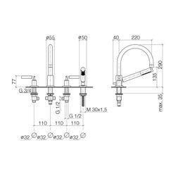 Dornbracht Wannen-Vierlochbatterie Tara für Wannenrandmontage, 220mm, 23,5l/min... DORNBRACHT-27512882-46 4099477031972 (Abb. 1)