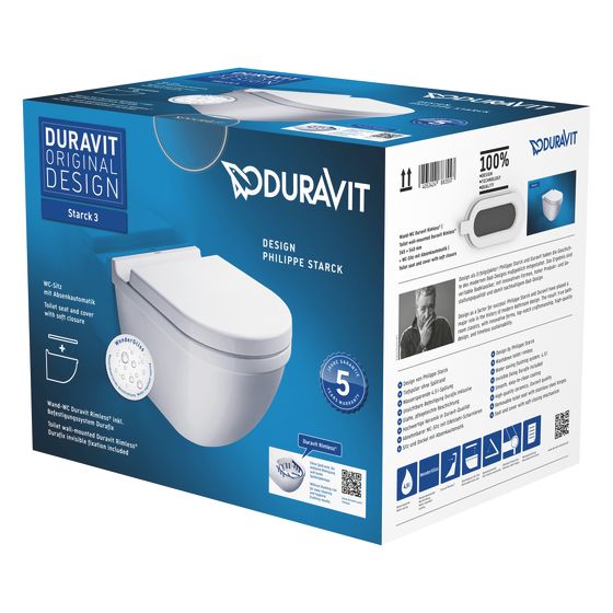 Duravit Starck 3 WC-Set wandhäng. Weiß Hochglanz, 4,5l, WonderGliss, Tiefspüler, rimless, waagerecht