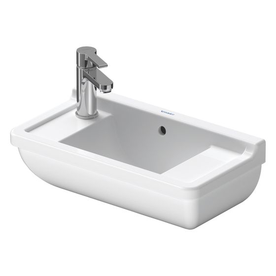 Duravit Starck 3 Handwaschbecken 260x500x160mm, Weiß HG, WonderGliss, Rechteckig, 1 Waschplatz L, 2 Hahnlöcher, mit Überlauf