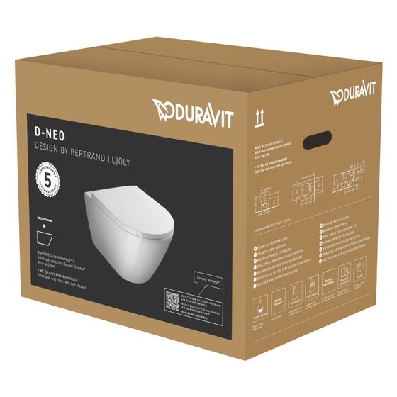 Duravit D-Neo WC-Set wandhäng. Weiß Hochglanz, 4,5l, Tiefspüler, rimless, mit Durafix, waagerecht